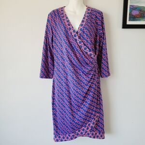 J. McLaughlin Blue Pink Chainlink Print Faux Wrap Dress Catalina Cloth Large